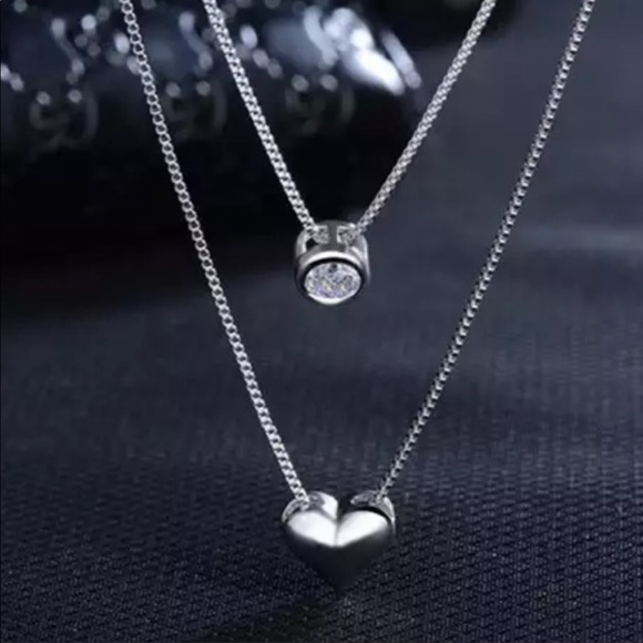DOUBLE LAYER 925 STERLING SILVER DIAMOND NECKLACE, NICE NECKLACE, CUTE NECKLACE - Picture 3 of 8